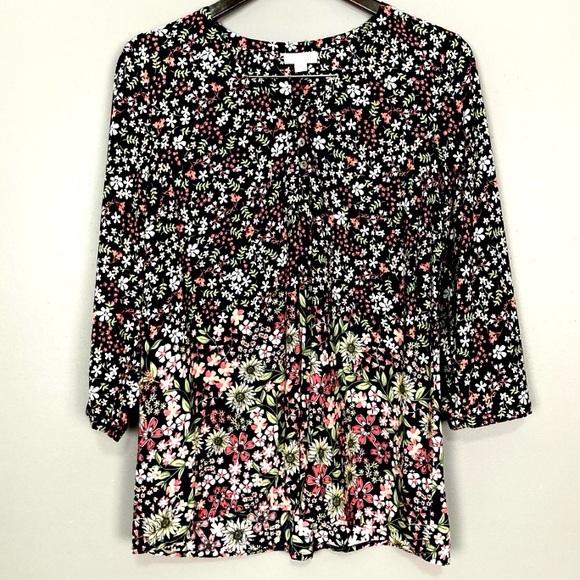 J. Jill Boho Floral Blouse Women’s Size XS Henley Button Front Pleated Rayon - Picture 1 of 8